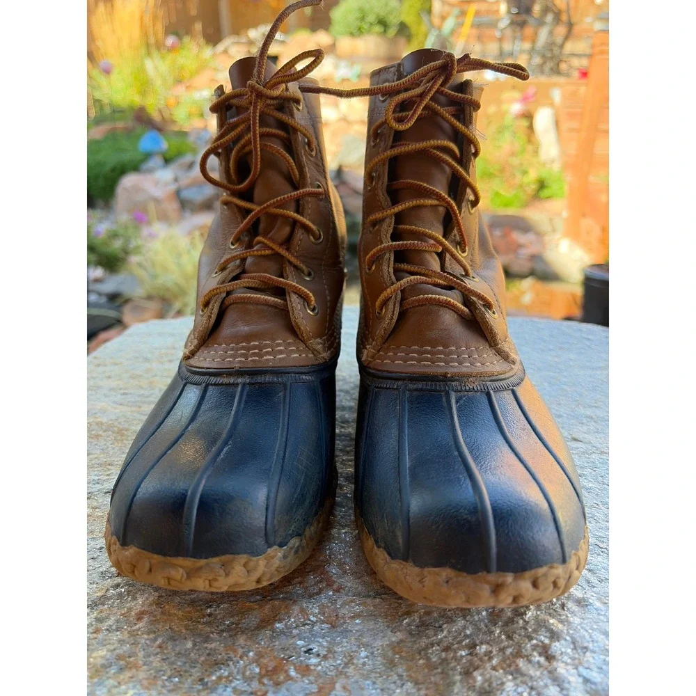 LL Bean 8 Inch Duck Boots Mens 9 Brown Navy Leather Waterproof Rain Snow Maine